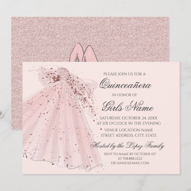 Rose Pink Heels and Gown Quinceañera Invitation (Front/Back)