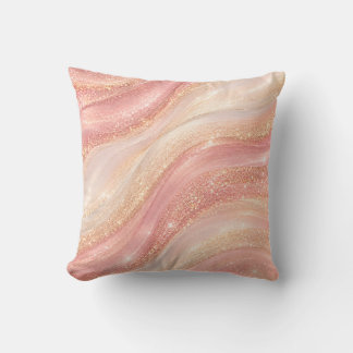 Rose Pink Ivory Faux Glitter Waves Throw Pillow