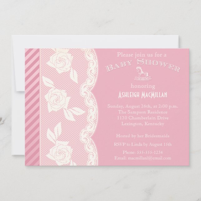 Rose Pink, Ivory Floral Lace Baby Shower Invite (Front)