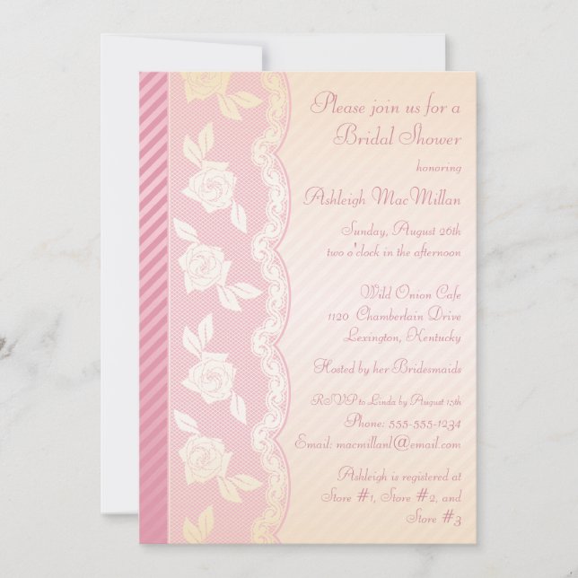 Rose Pink, Ivory Floral Lace Bridal Shower Invite (Front)