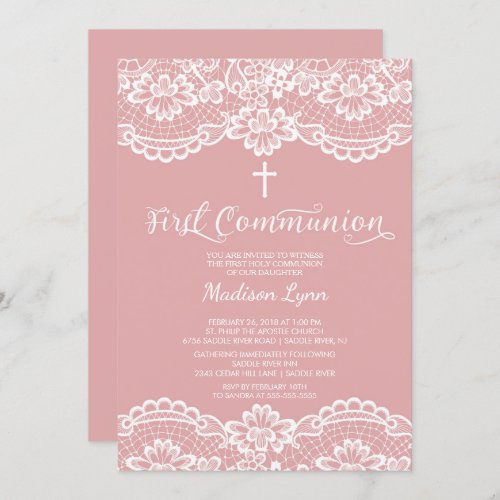 Rose Pink Lace First Holy Communion Invitation