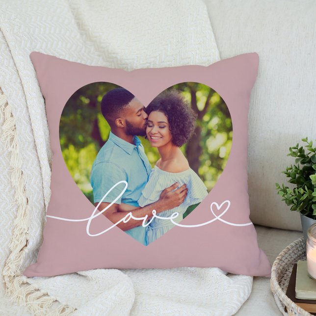 Rose Pink Love Script Heart Photo Throw Pillow (Creator Uploaded)