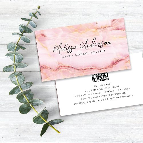 Rose Pink Marble Luxe Aesthetic QR Code Business Card