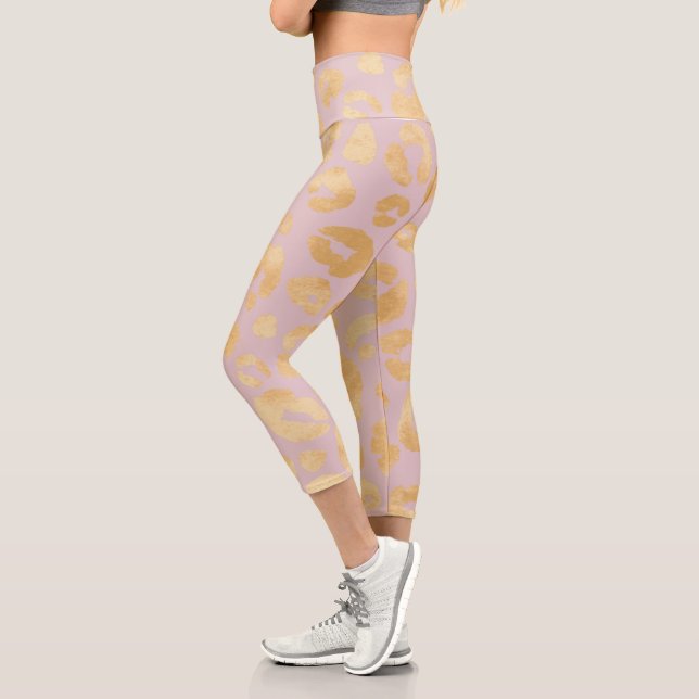Rose Pink & Metallic Gold Cheetah Capri Leggings (Left)