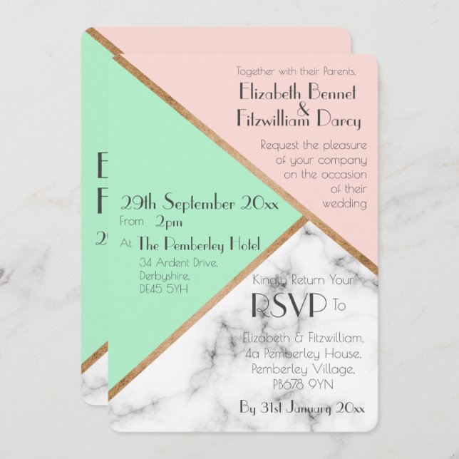 Rose Pink & Mint Green Wedding Invitation (Front/Back)