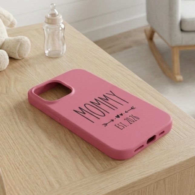 Rose Pink Mommy Est Year Minimal Typography iPhone Case (Creator Uploaded)