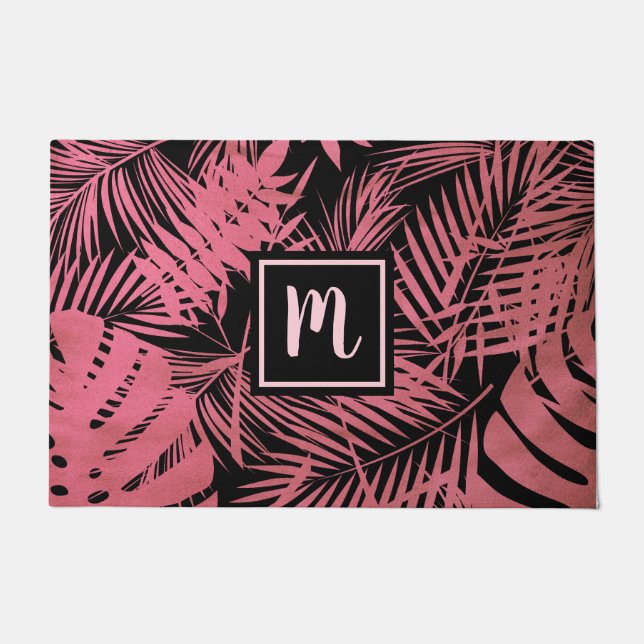 Rose pink monogram tropical palm leaf pattern bold doormat (Front)