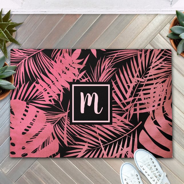 Rose pink monogram tropical palm leaf pattern bold doormat (Creator Uploaded)