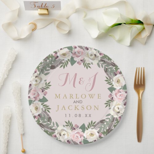 Rose Pink Moody Floral Boho Wedding Monogram Paper Plates