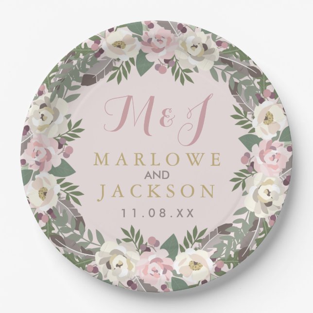 Rose Pink Moody Floral Boho Wedding Monogram Paper Plates (Front)