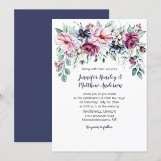 Rose, Pink, Navy Blue Watercolor Floral Drop Invitation