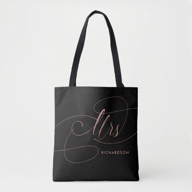 Rose Pink on Black Elegant Calligraphy | Mrs Tote Bag (Front)
