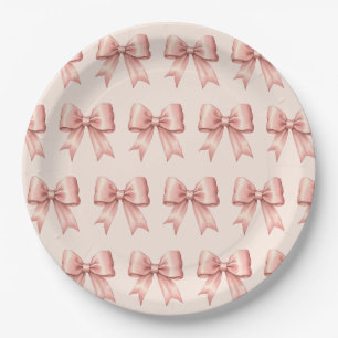 Rose Pink on Blush Vintage Satin Bow Pattern Paper Plates