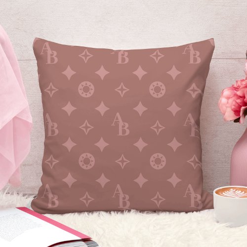 Rose Pink on Mauve Custom Initial Monogram Pattern Throw Pillow
