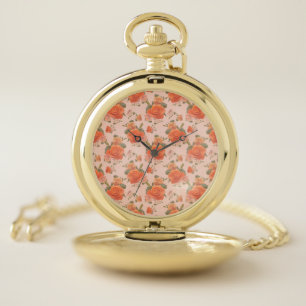rose pink orange floral pattern wedding spring pocket watch