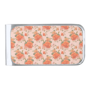 rose pink orange floral pattern wedding spring silver finish money clip