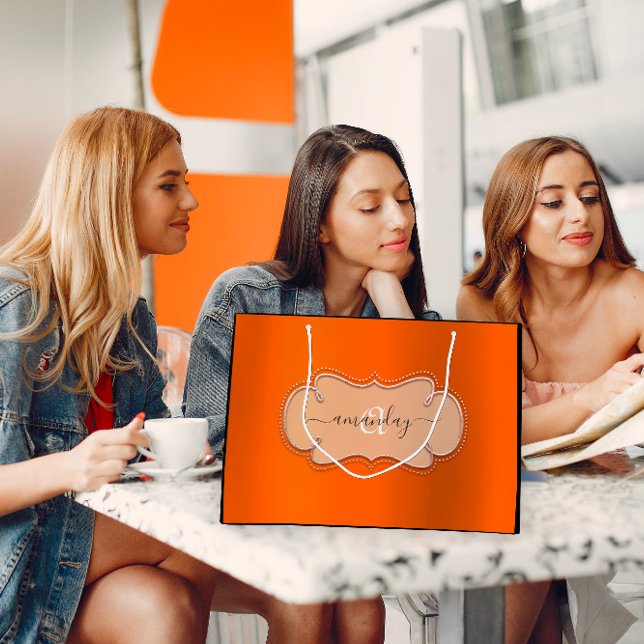 Rose Pink Orange Royal Monogram Name Bridal Large Gift Bag (Rose Pink Orange Royal Monogram Name Bridal Large Gift Bag)