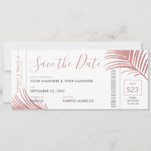Rose Pink Palm Leaf Boarding Pass Save Date Card (Front)