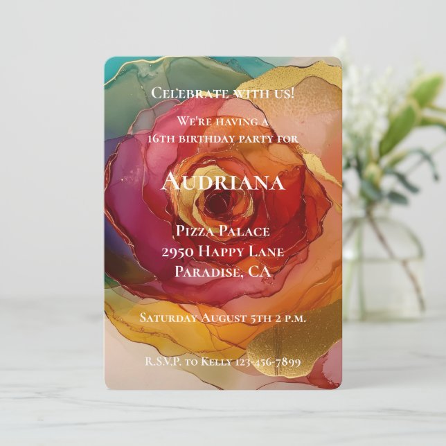 Rose Pink Peach Yellow Floral Birthday Invitation (Standing Front)