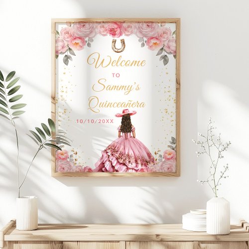 Rose Pink Princess Charro Quinceaera Welcome Poster