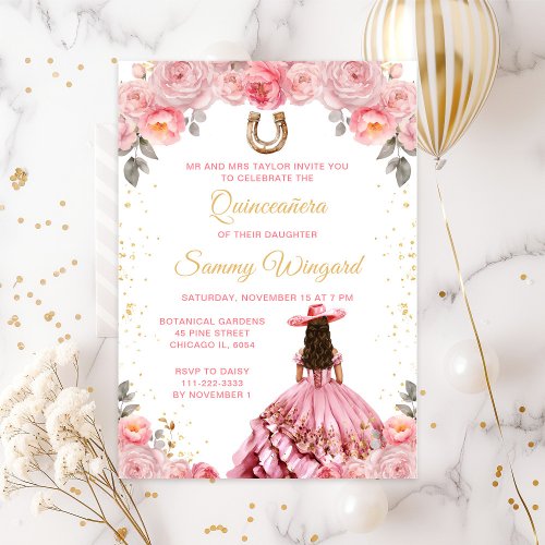 Rose Pink Princess Floral Charro Quinceaera Invitation