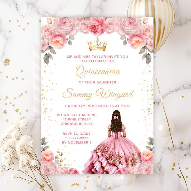 Rose Pink Princess Floral Quinceañera Invitation (Creator Uploaded)