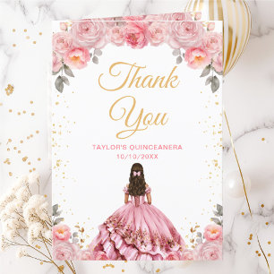 Rose Pink Princess Floral Quinceañera Letterpress Thank You Card
