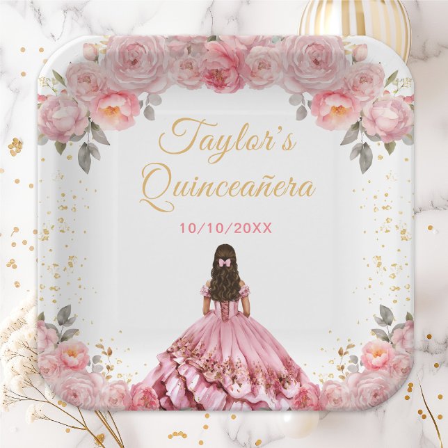 Rose Pink Princess Floral Quinceañera Paper Plates (Creator Uploaded)