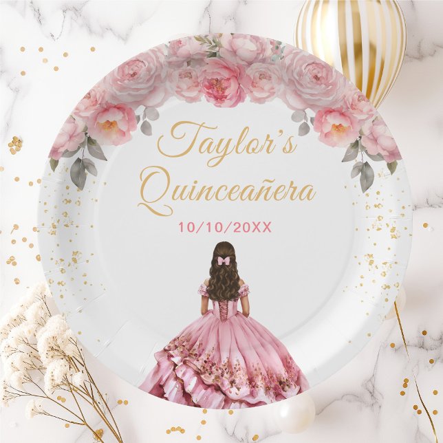 Rose Pink Princess Floral Quinceañera Paper Plates (Creator Uploaded)