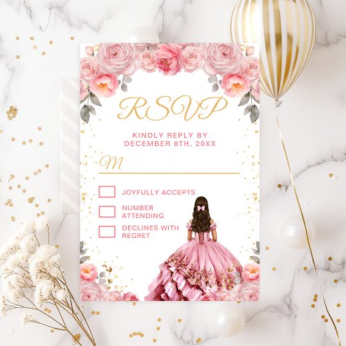 Rose Pink Princess Floral Quinceaera RSVP Card