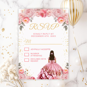 Rose Pink Princess Floral Quinceañera RSVP Card