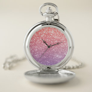 Rose pink purple lavender faux sparkles glitters pocket watch