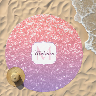 Rose pink purple lavender faux sparkles Monogram Beach Towel