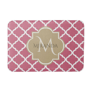 Rose Pink Quatrefoil Pattern With Big Tan Monogram Bathroom Mat