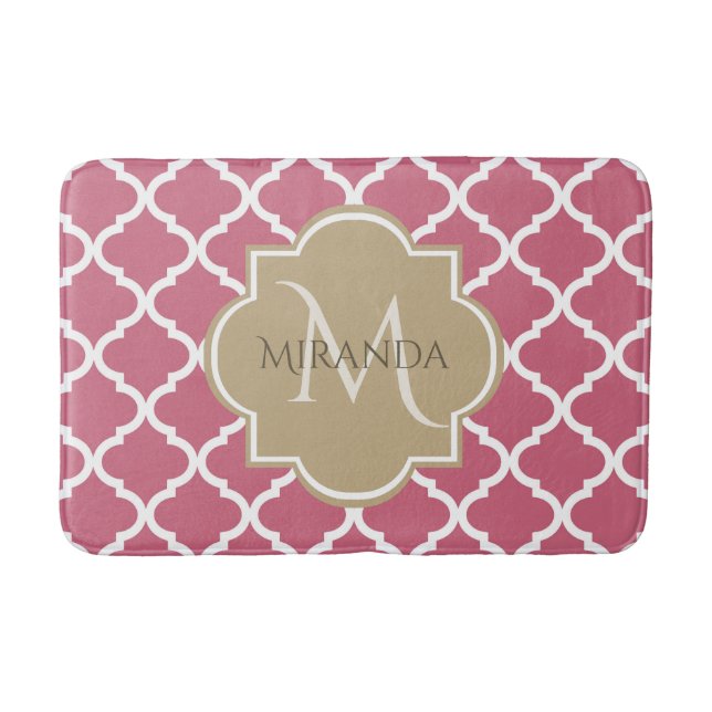 Rose Pink Quatrefoil Pattern With Big Tan Monogram Bathroom Mat (Front)