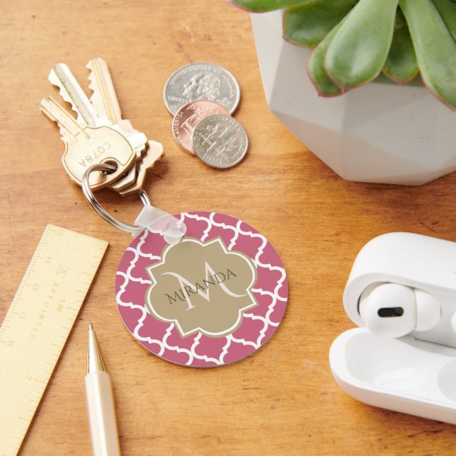Rose Pink Quatrefoil Pattern With Big Tan Monogram Keychain (Desk)