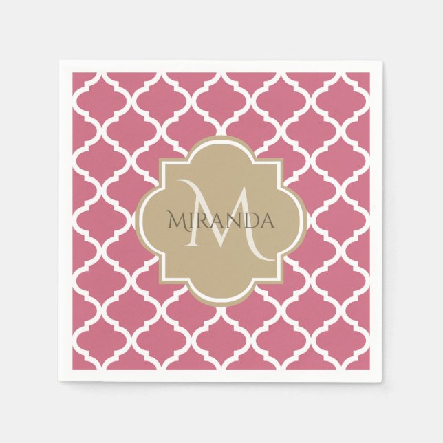 Rose Pink Quatrefoil Pattern With Big Tan Monogram Paper Napkins (Front)