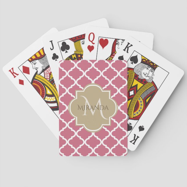 Rose Pink Quatrefoil Pattern With Big Tan Monogram Poker Cards (Back)