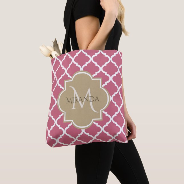Rose Pink Quatrefoil Pattern With Big Tan Monogram Tote Bag (Close Up)