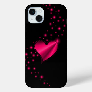 Rose pink Rainbow Heart with Stars on black iPhone 15 Plus Case