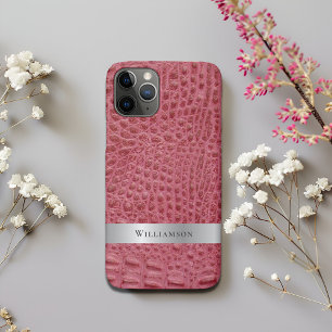 Rose Pink Reptile Digital Leather Silver Metal iPhone 11 Pro Case