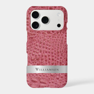 Rose Pink Reptile Digital Leather Silver Metal iPhone 17 Pro Case