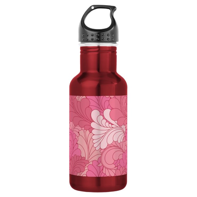 Rose Pink Retro Floral Paisley Feathers Water Bottle (Front)