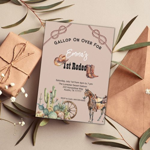 Rose Pink Rodeo Western Cowgirl 1st Birthday Invitation