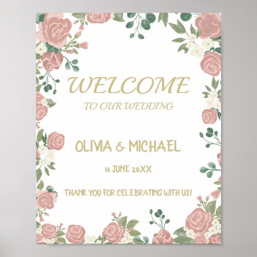 Rose Pink Romantic Botanical Sweet Wedding Welcome Poster