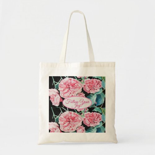 Rose Pink Roses Black floral Cabbage roses Pattern Tote Bag