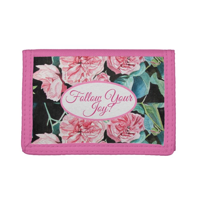 Rose Pink Roses floral Follow Your Joy Pattern  Trifold Wallet (Front)
