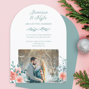 Rose-Pink Roses, Light Green Eucalyptus Wedding Invitation