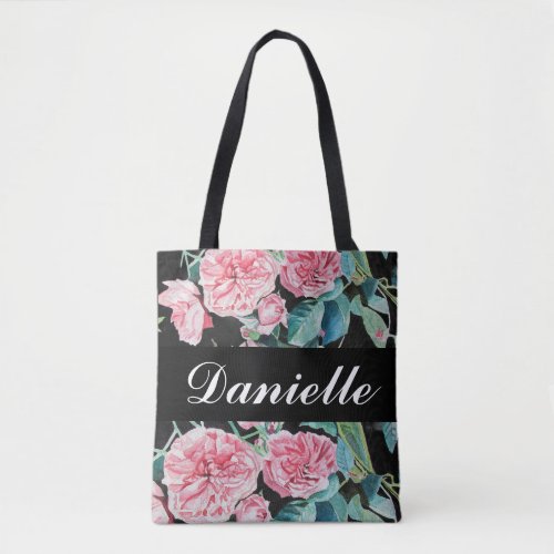 Rose Pink Roses Retro Floral Flower on Black art Tote Bag