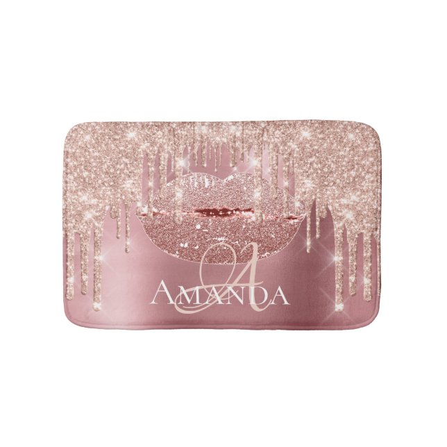 Rose Pink Royal Glitter Name Monogram Makeup Bath Mat (Front)